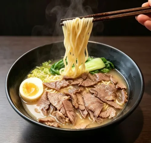 Stäbchen heben dampfende Nudeln aus einer Ramen-Schüssel mit Rindfleisch, Ei und Pak Choi im Toriko Nonntal.