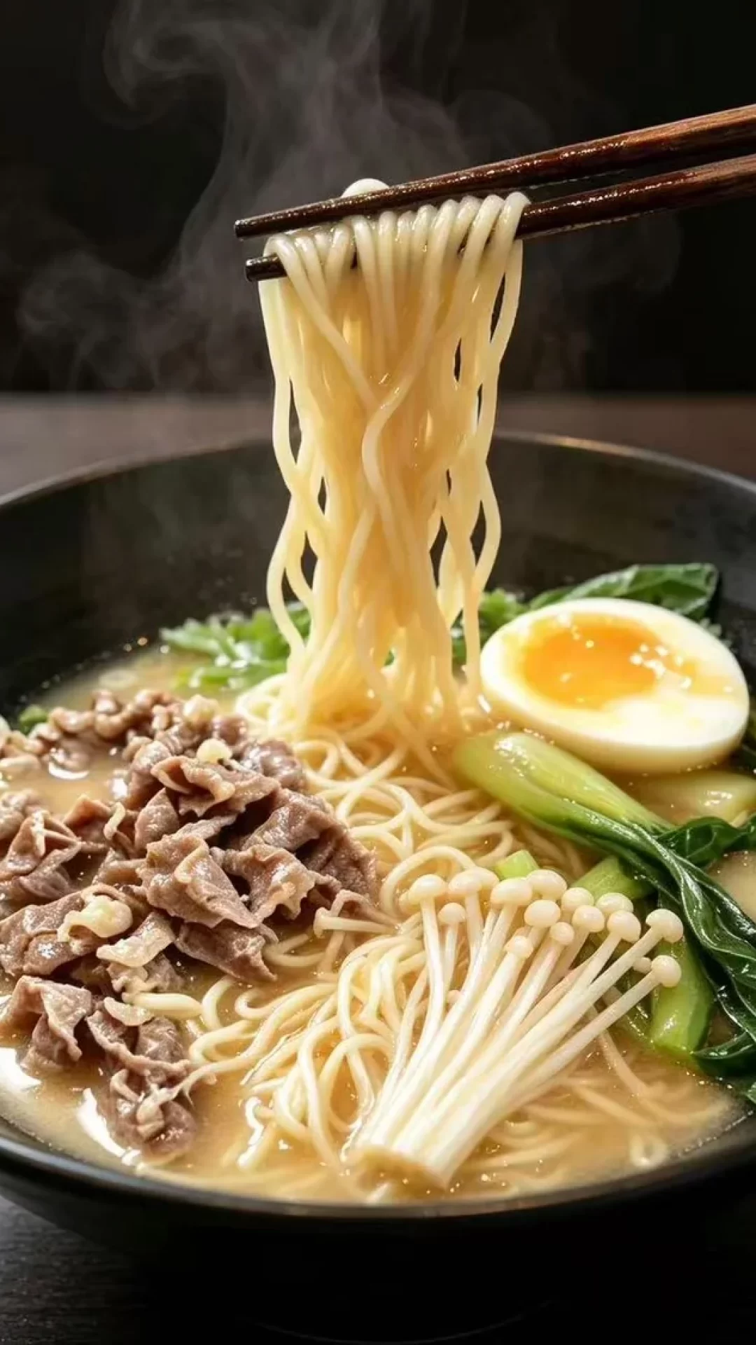 Stäbchen heben Nudeln aus einer schwarzen Ramenschüssel mit heller Brühe, Rindfleisch, Enoki, Pak Choi und einem halben Ei.